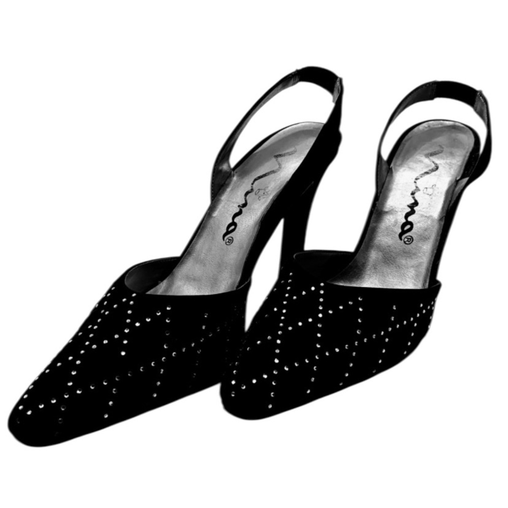 Nina Elegant Black Satin Stilettos with Rhinestones Studded Slingback Heels